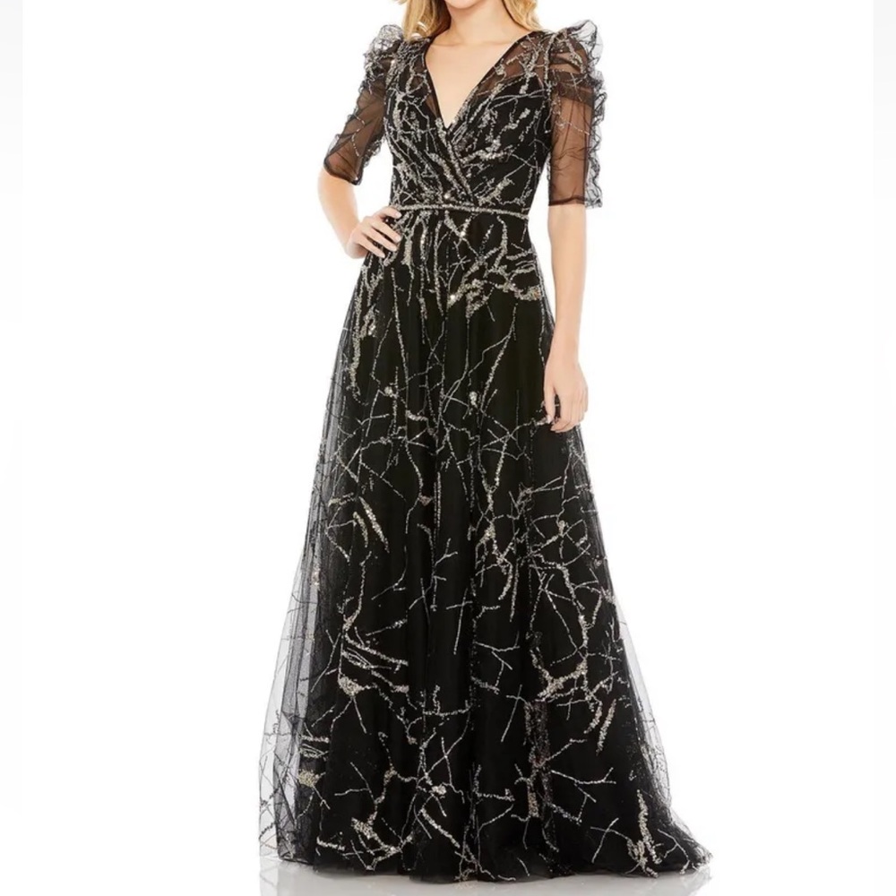 Mac Duggal Embellished Sequined Gathered Puff Shoulder Faux Wrap Gown - Reemoly